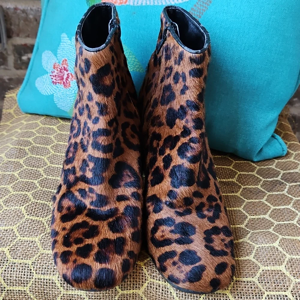 Zara Leopard Print Calf Hair Heeled Ankle Boots